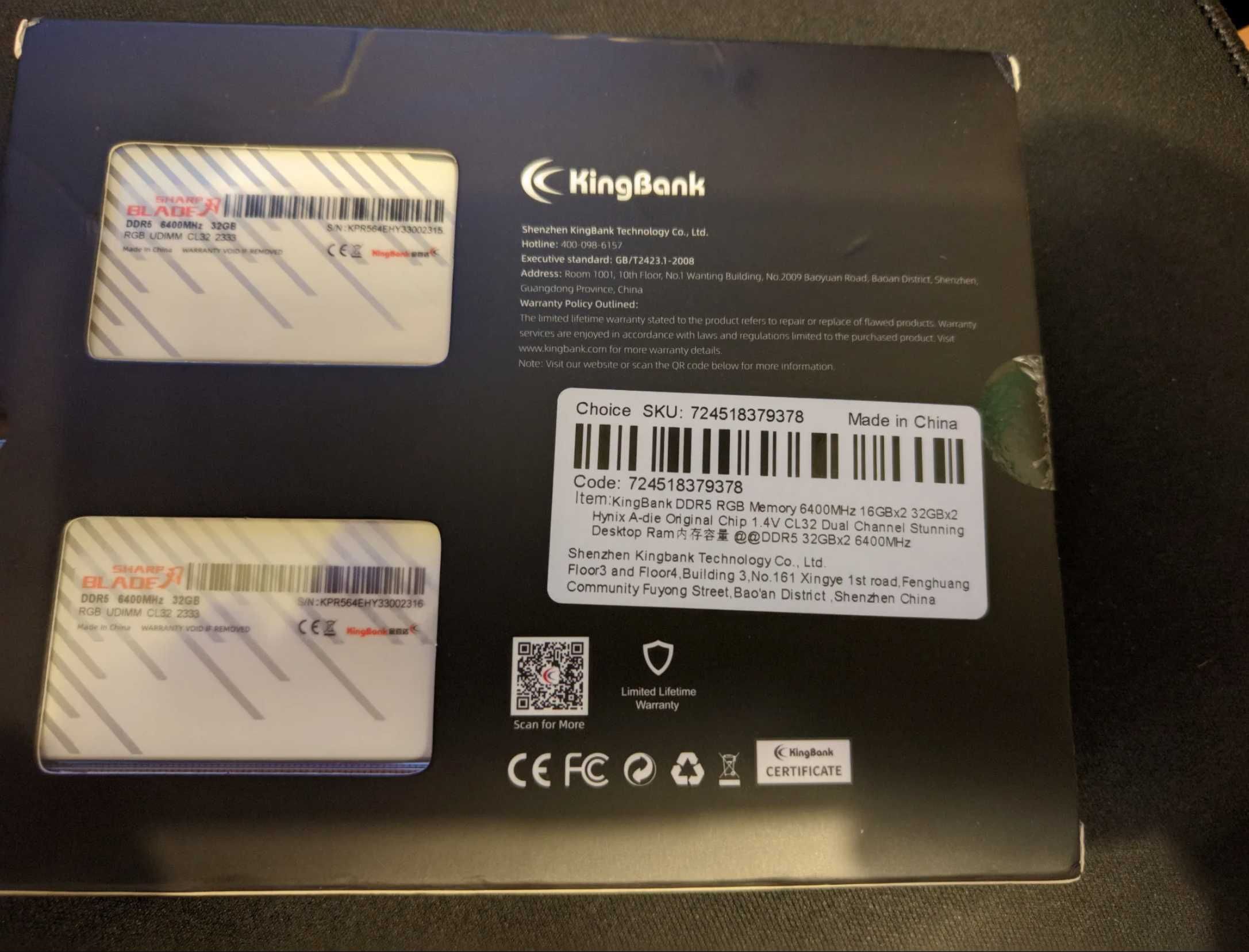 Оперативная память KingBank DDR5 6400MHz 64Gb (32GBx2 RGB, Hynix, RGB)