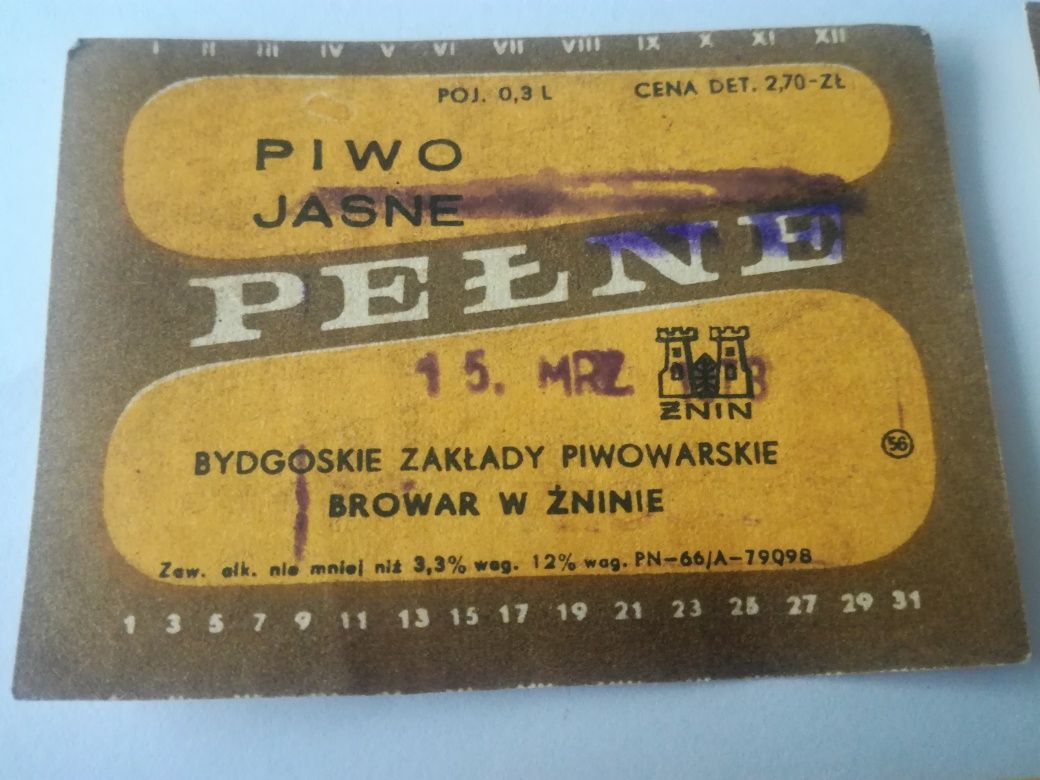 Stare etykiety piwne Browar Żnin 1966 po piwie 1973 etykieta