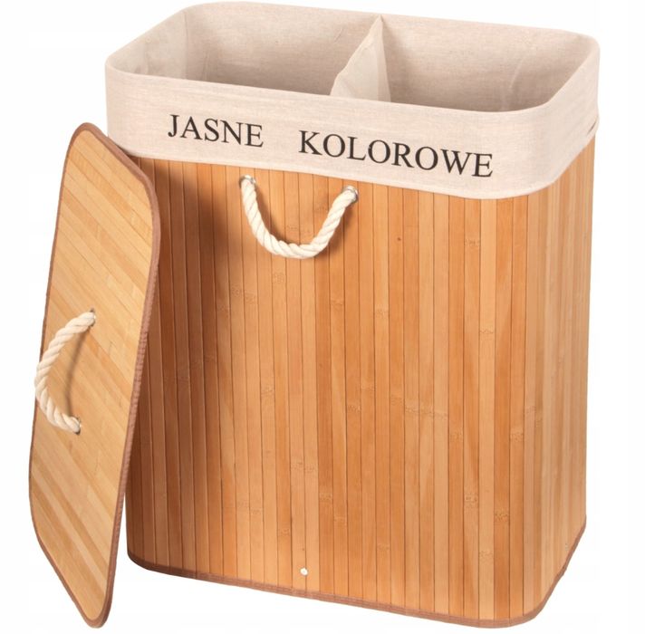 Duży Kosz Bambusowy na Pranie z Pokrywą – Pojemność 100L, Dwie Komory
