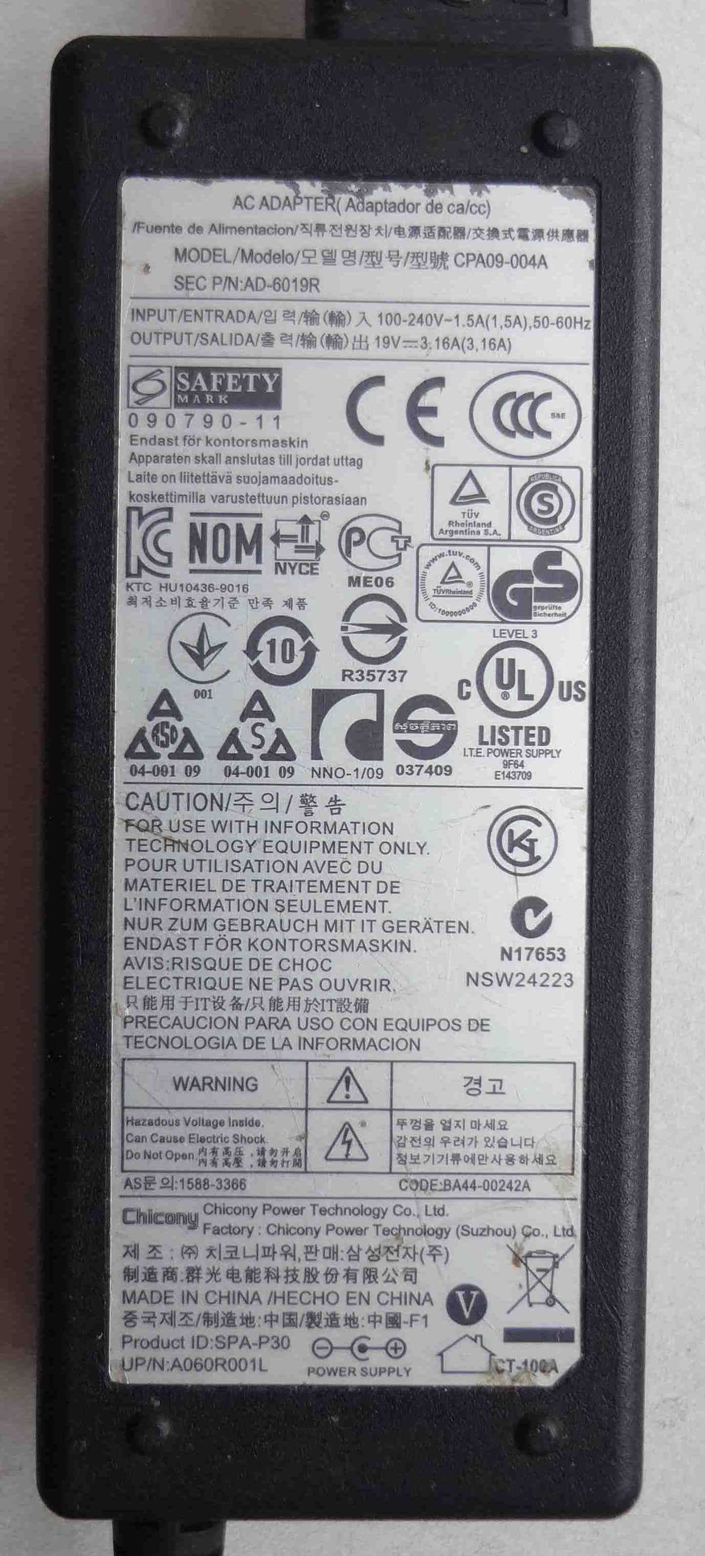 Блок питания Adapter 19V 3.16A CPA09-004A, сетевая зарядка