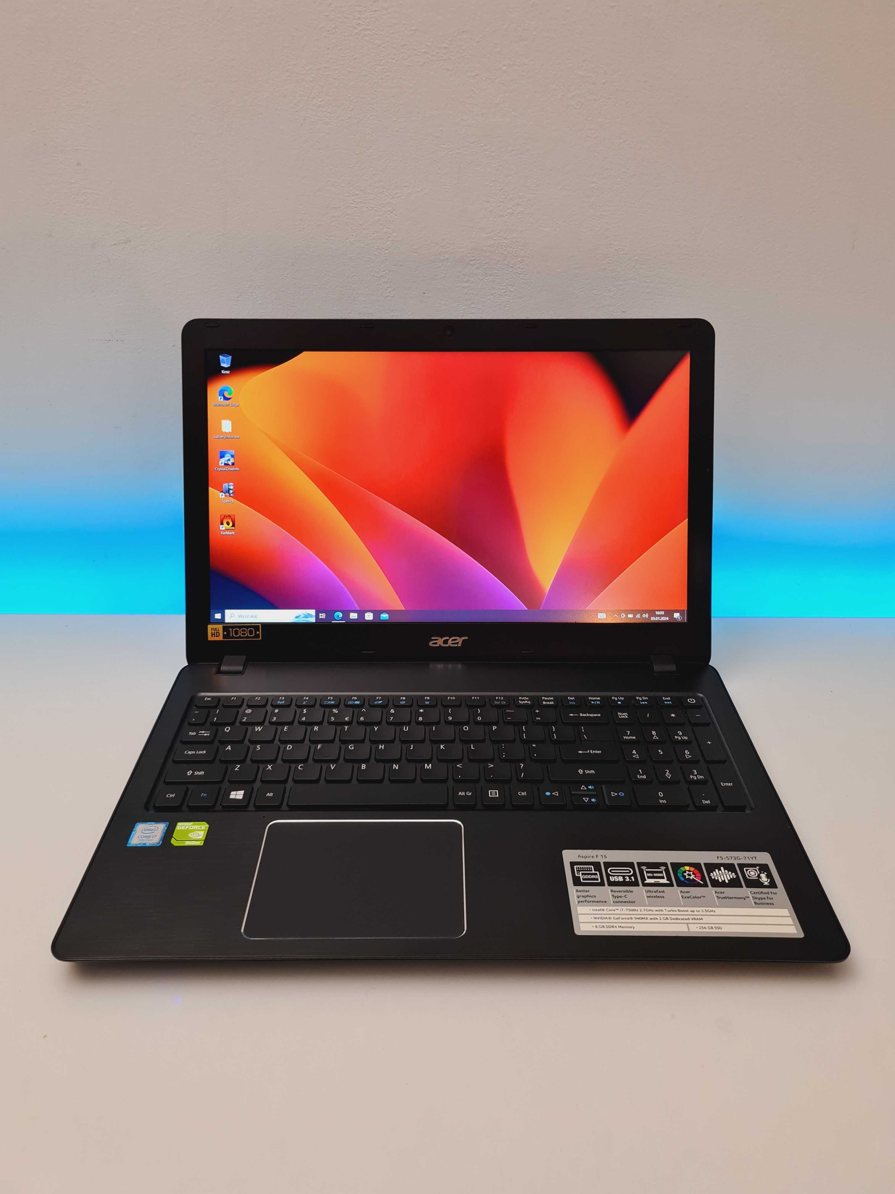 Multimedialny Laptop Acer Aspire F15, i7 7gen, 16gb ram, Nvidia E45