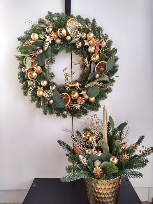 Wianek bożonarodzeniowy + stroik świąteczny komplet złoty renifer