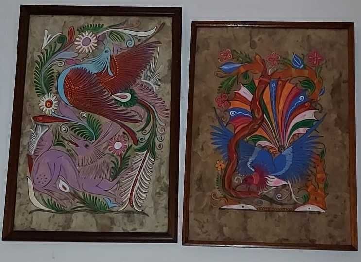 Duas Pinturas Artesanais Mexicanas Em Papel Amate ("papel dos deuses")