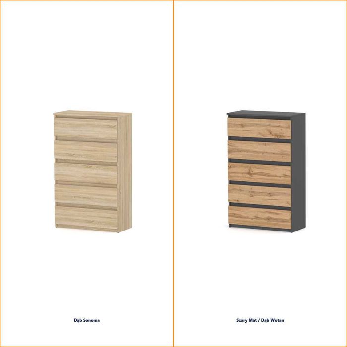 Komoda Wysoka Nowoczesna Hugo 5 Szuflad Szafka 70cm Do Salonu Sypialni