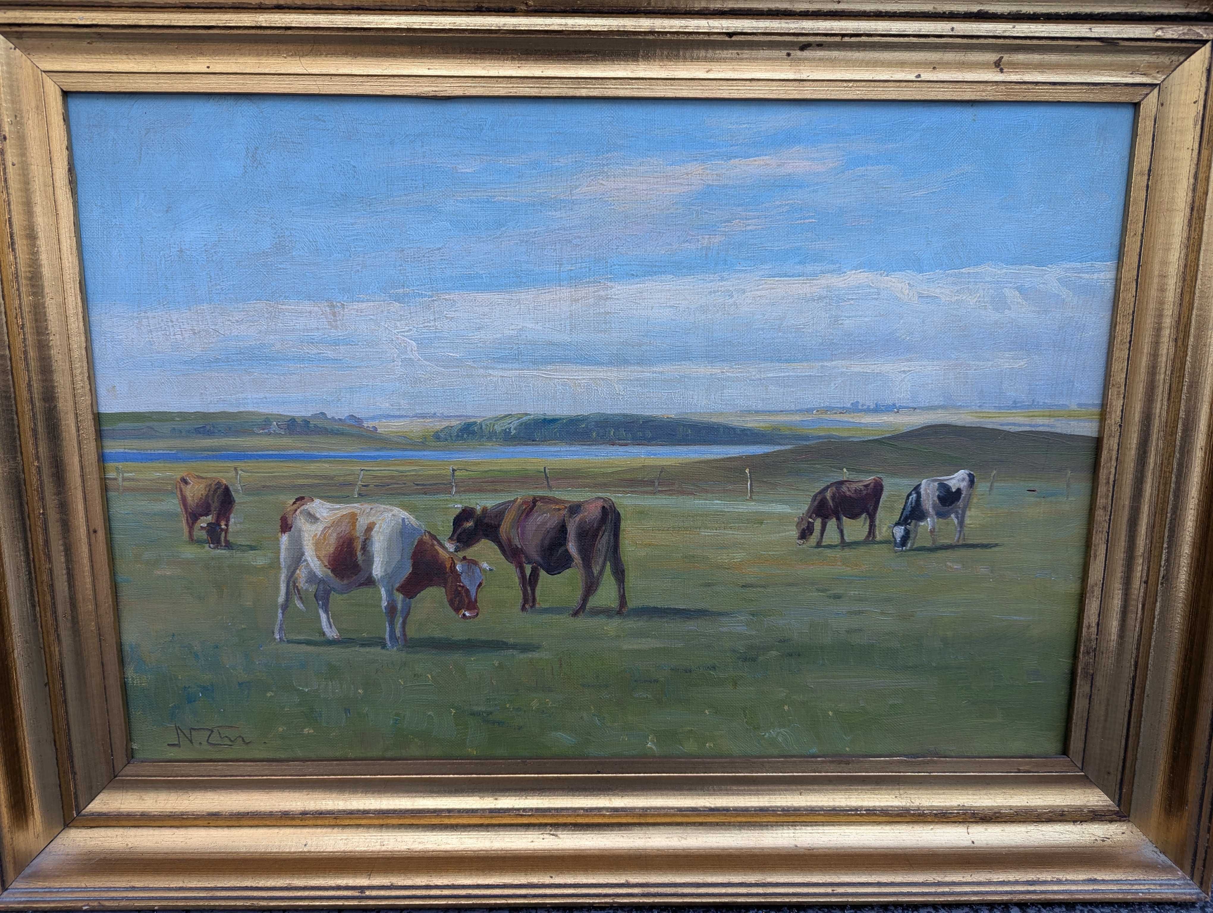 Niels Peter Christiansen (1873-) Pejzaż Olejny Krowy Złota Rama