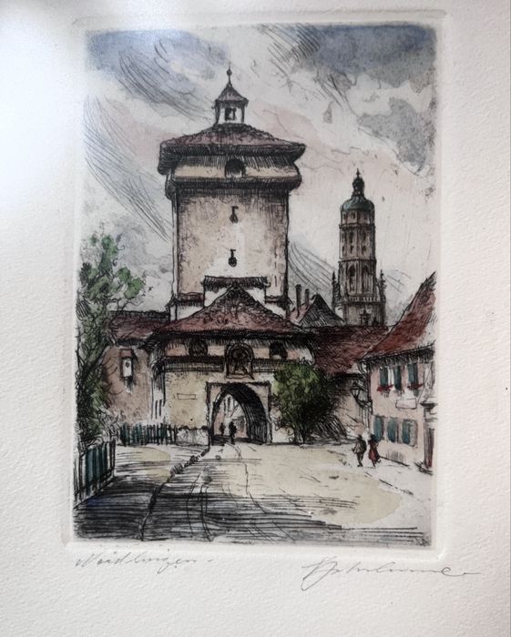 Śliczna grafika, kolorowa akwaforta - podpisany wycisk