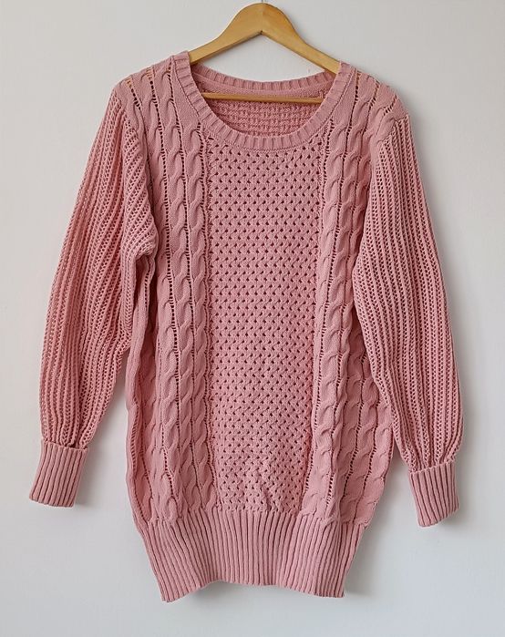 NOWY długi ażurowy sweter/sukienka r. XXL - ciepły róż