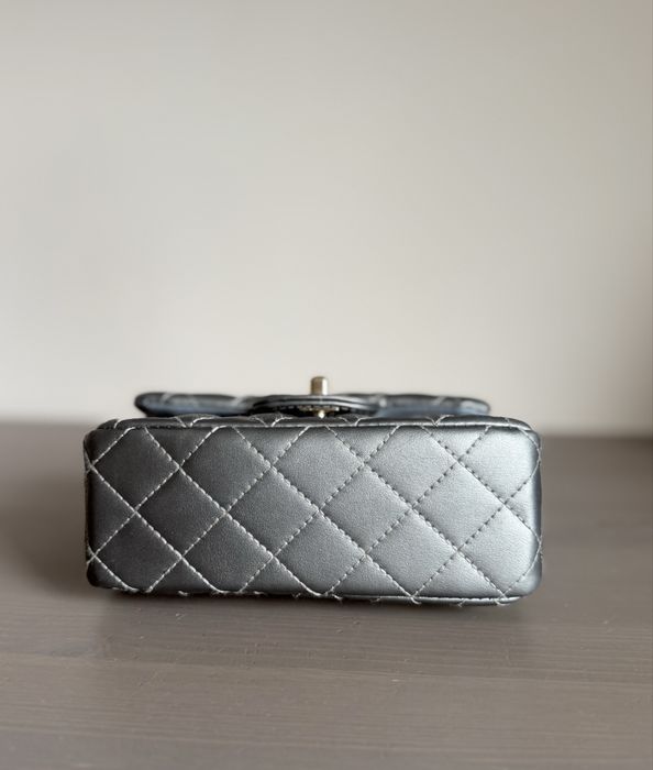 Chanel Mini Square Flap Bag Torebka Metaliczna Szarość z łańcuszkiem