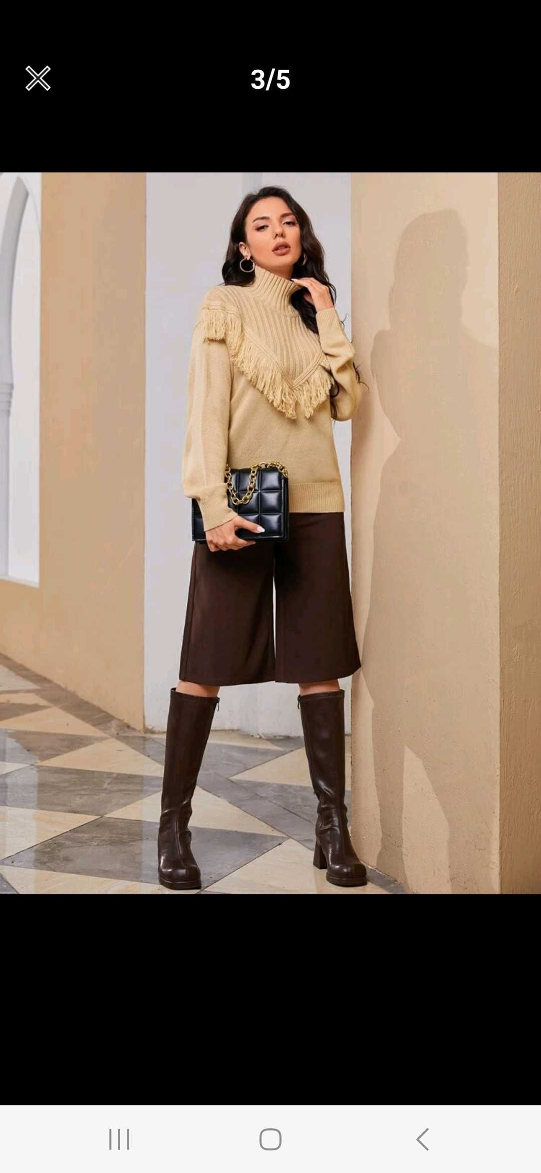 Nowy sweter damski boho z frędzlami beżowy camel golf z golfem 36 s