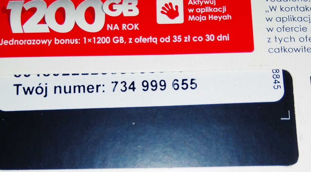734 _ 999 _ 655 Złoty prosty numer nowy starter Heyah na kartę