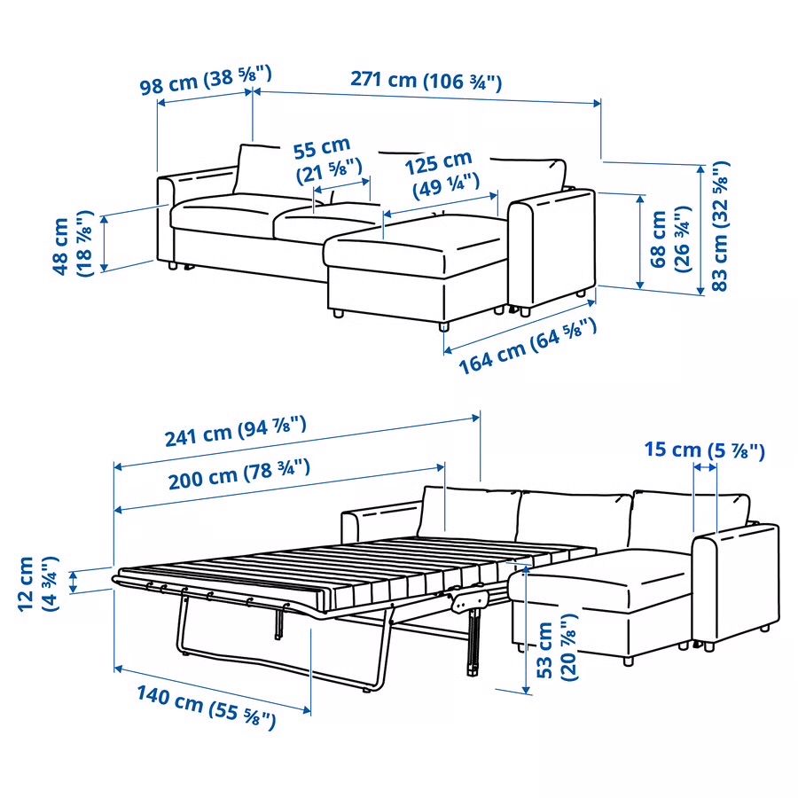 Sofa 3-os rozkładana z szezlongiem Ikea