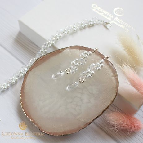 Biżuteria ślubna LILY bransoletka i kolczyki kryształowe z perełkami