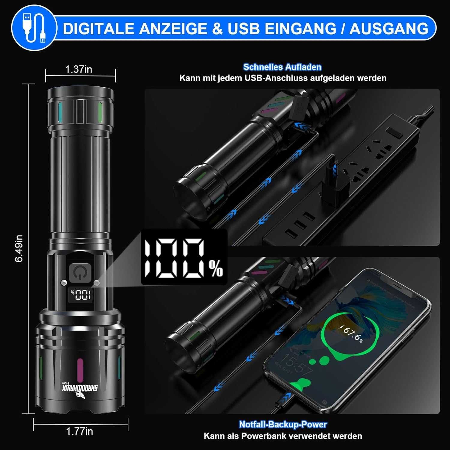 Shadowhawk – latarka LED z wyświetlaczem i ładowaniem USB-C