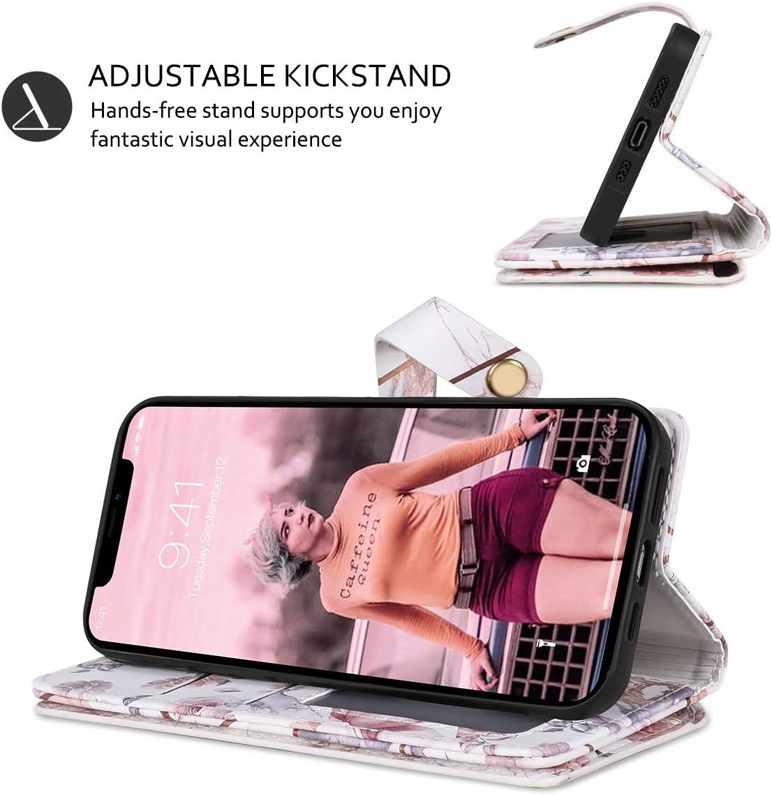 Dracool Etui Portfelowe do iPhone 12 mini Złoto-Różowy Marmur na Karty