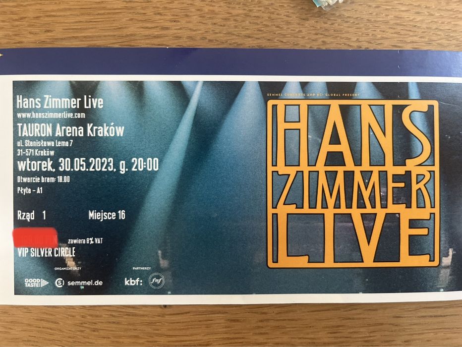 Silver VIP przed sceną Bilet Hans Zimmer Kraków Tauron Arena