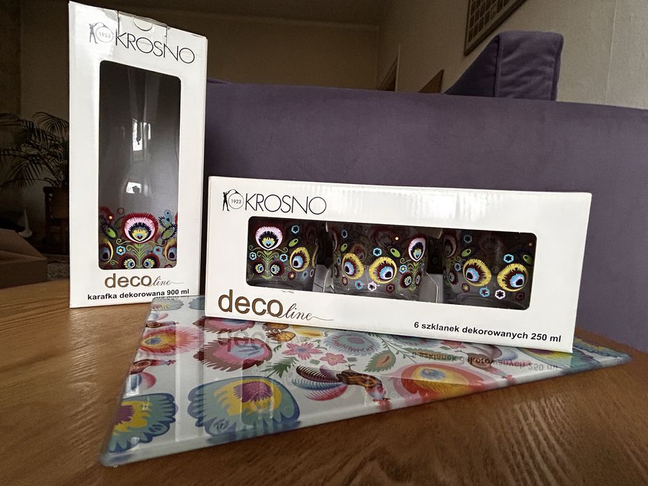 Szklanki, karafka i szklana tacka KROSNO w piekny łowicki wzor