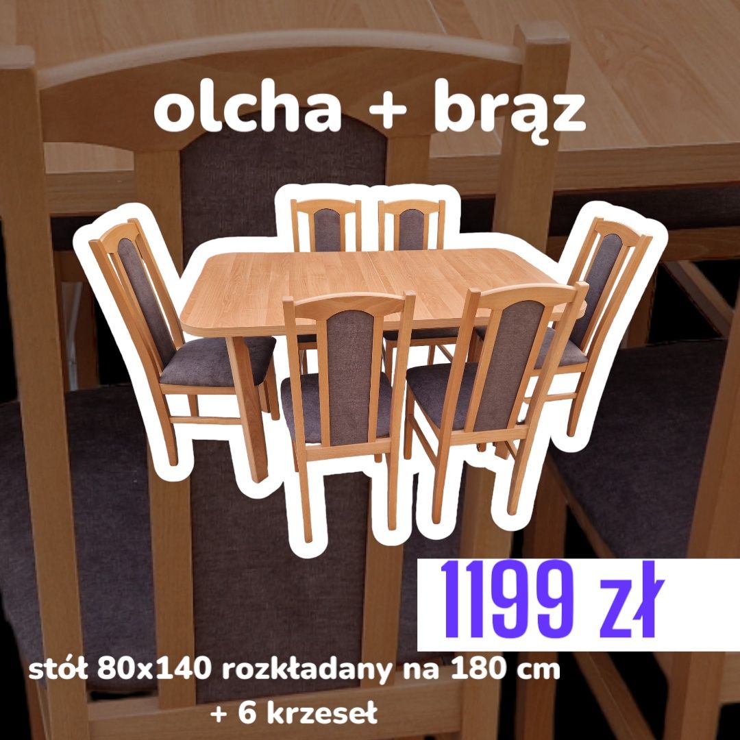 Nowe: STÓŁ 80x140-180 + 6 KRZESEŁ , olcha + brąz , dostawa PL