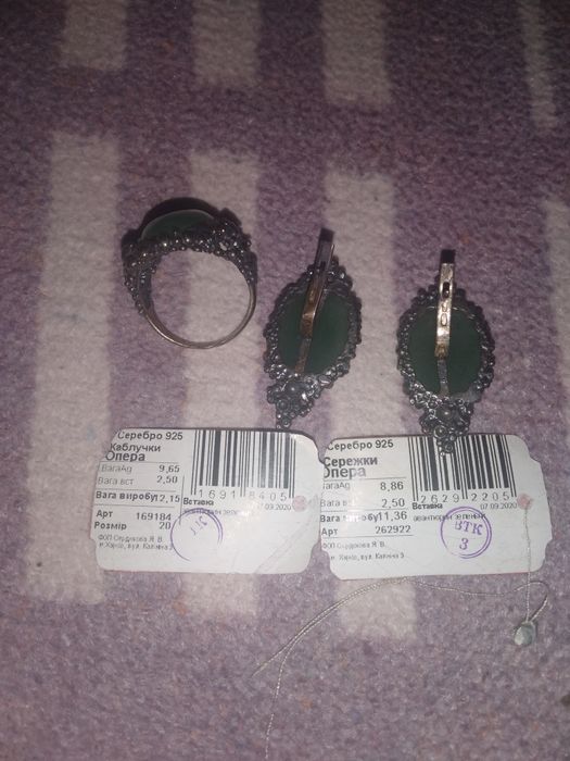 Серебряный набор кольцо и серьги.