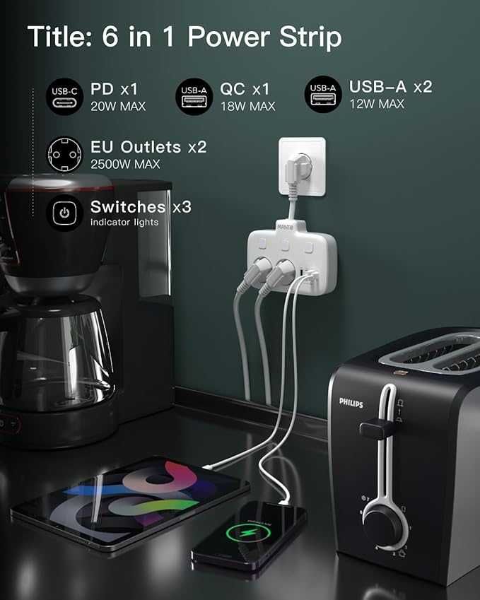 Listwa zasilająca MANTO z USB C, 3 przełączniki, 2 gniazdka, 3 USB-A