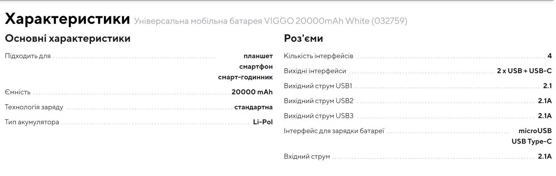 Повербанк Powerbank VIGGO PREMIUM 20000 mAh USB-C 10W Black новый