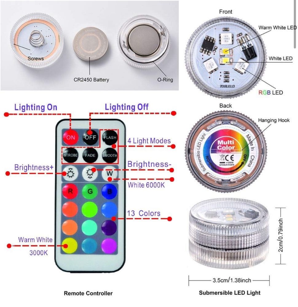 Zanurzalne lampki RGB LED typu tealight, 10 szt.