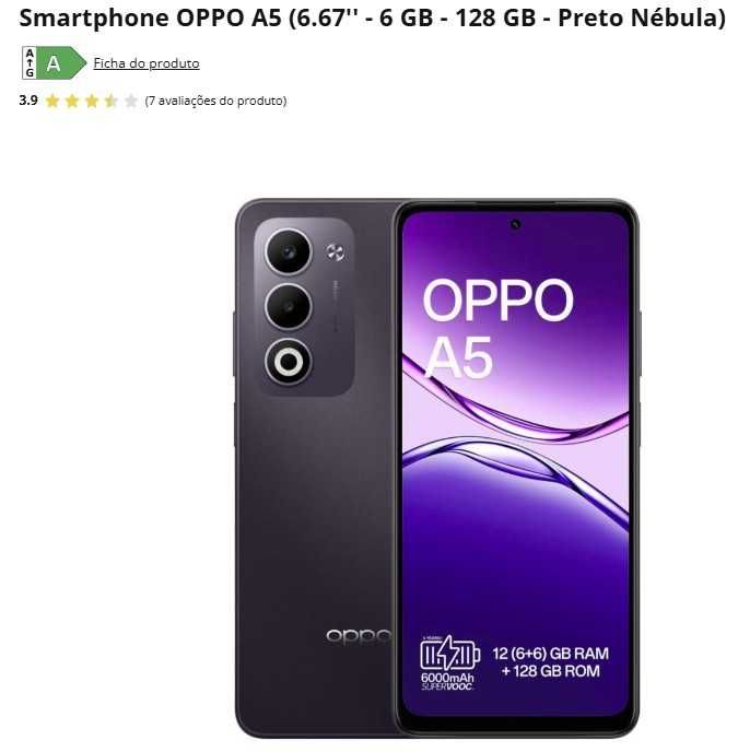 Telemóvel/smartphone OPPO A5 6Gb/128Gb preto núbula a estrear