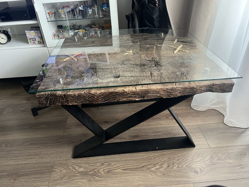 Unikatowy stolik kawowy Premium Resign lite drewno + szkło styl loft
