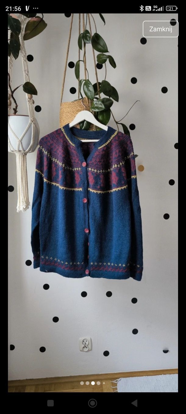 Xl/xxl ręcznie robiony wełniany granatowy sweterek norweski wzór kardi