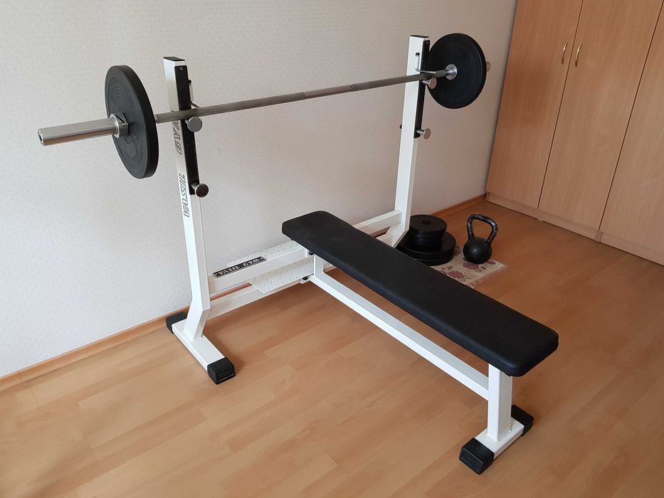 Скамейка для жима лёжа + штанга с дисками VASIL GYM