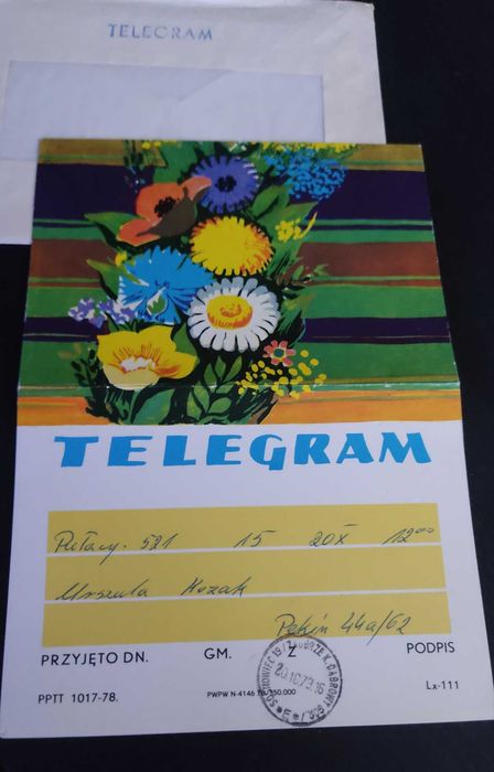 Telegram z kopertą, Pocztówka PRL.