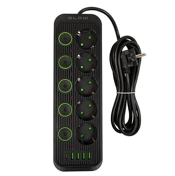 Listwa przedłużacz 5 gniazd + 4x USB + 1x USC-C 5m czarny 98-209#