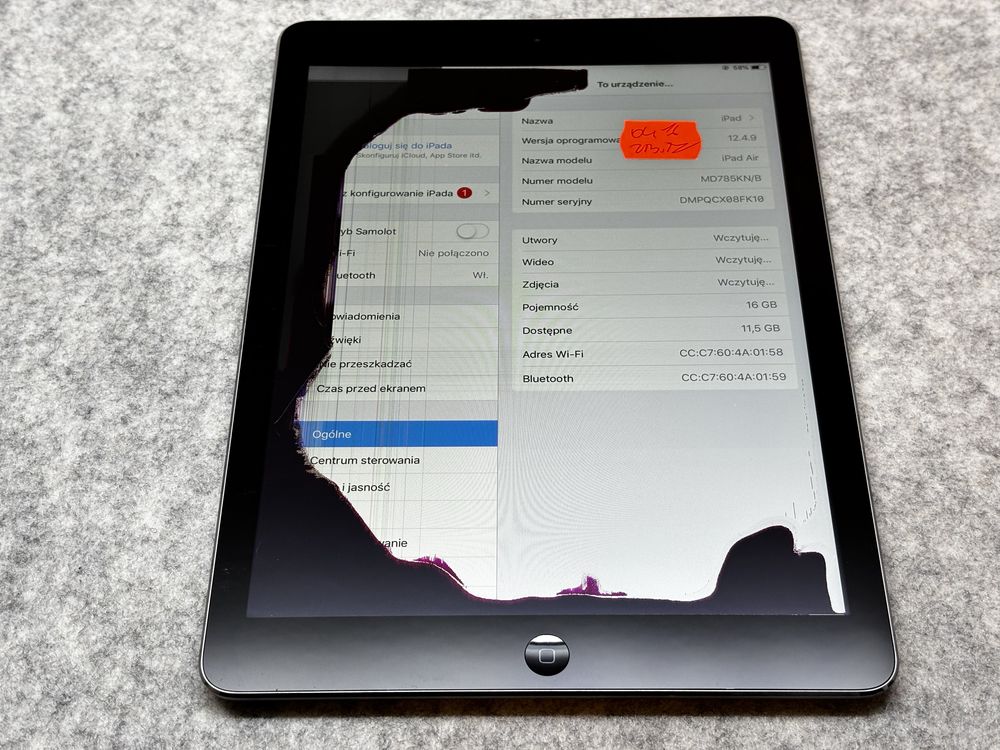 Ipad Air / 16GB / A1474 / brak blokad /