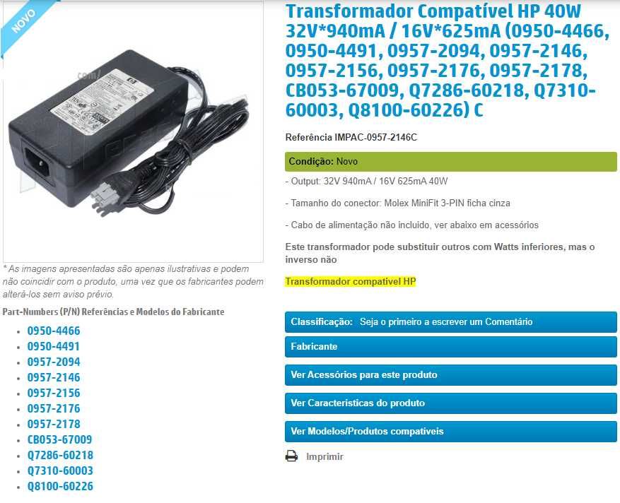 Carregador / Adaptador AC para Impressoras HP