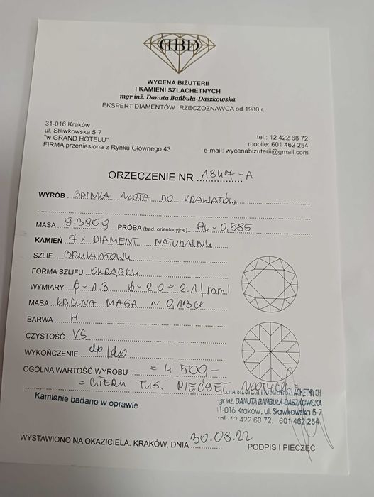 Złota Spinka,BRYLIANTY,Wycena,Ręczna Robota,Unisex,GRATIS 300 ZŁ