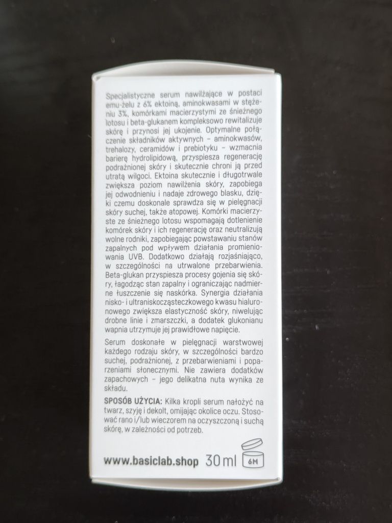 BasicLab Nawilżający emu-żel do twarzy z 6% ektoiną