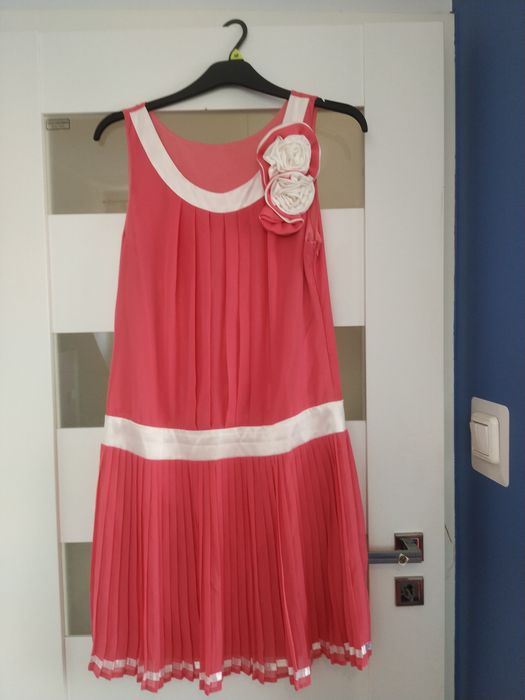 Sukienka koralowa ślub wesele plisowana