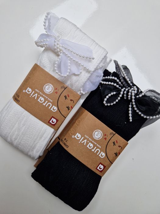 Rajstopy dziewczęce czarne z kokardką z perełkami 7-9 lat 122-128 aura