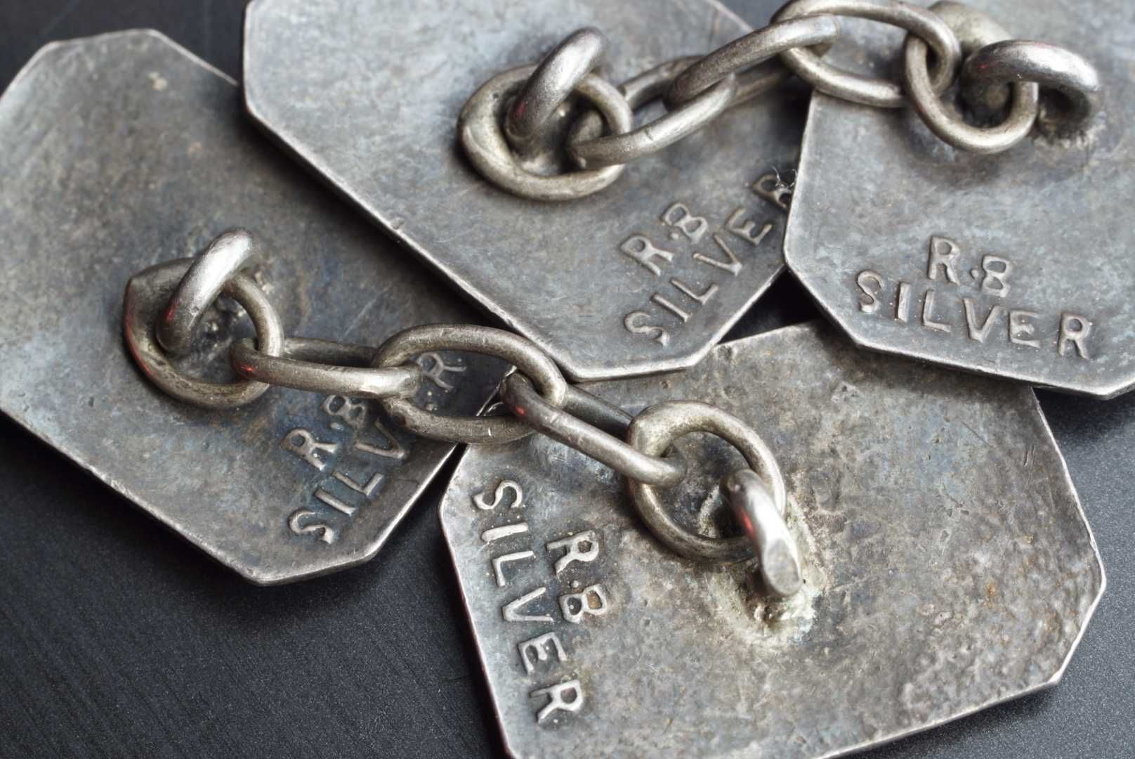 małe srebrne emaliowane spinki do mankietów, angielskie