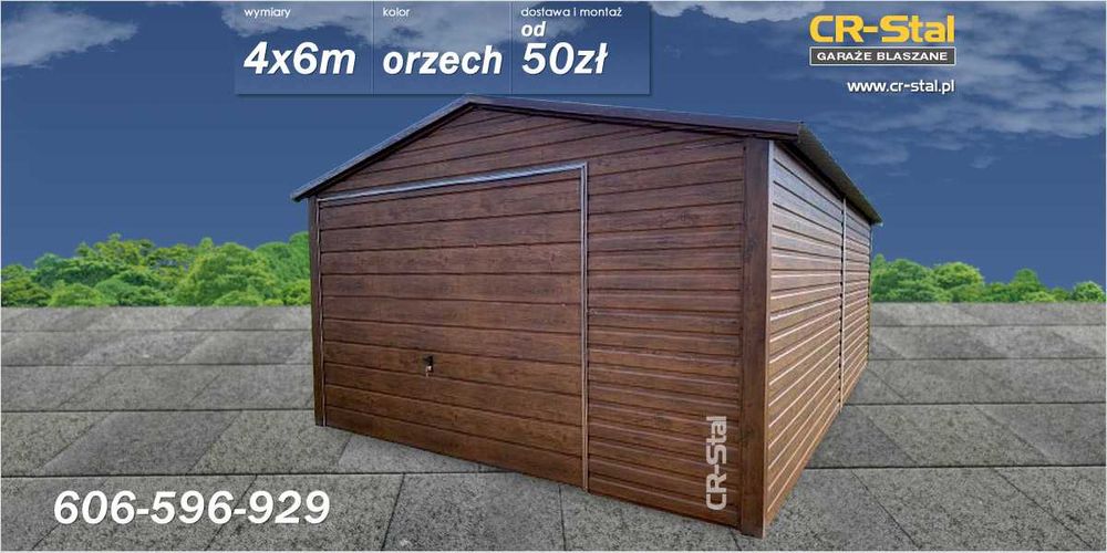 Garaż - blaszak. 4x6 m. Brama podnoszona. Profil zamknięty. Orzech.