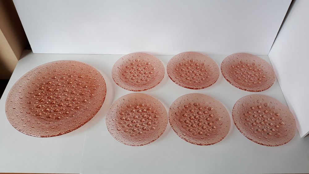 Zestaw: talerz + 6x talerzyk ASTEROID, Ząbkowice, kolorowe szkło PRL