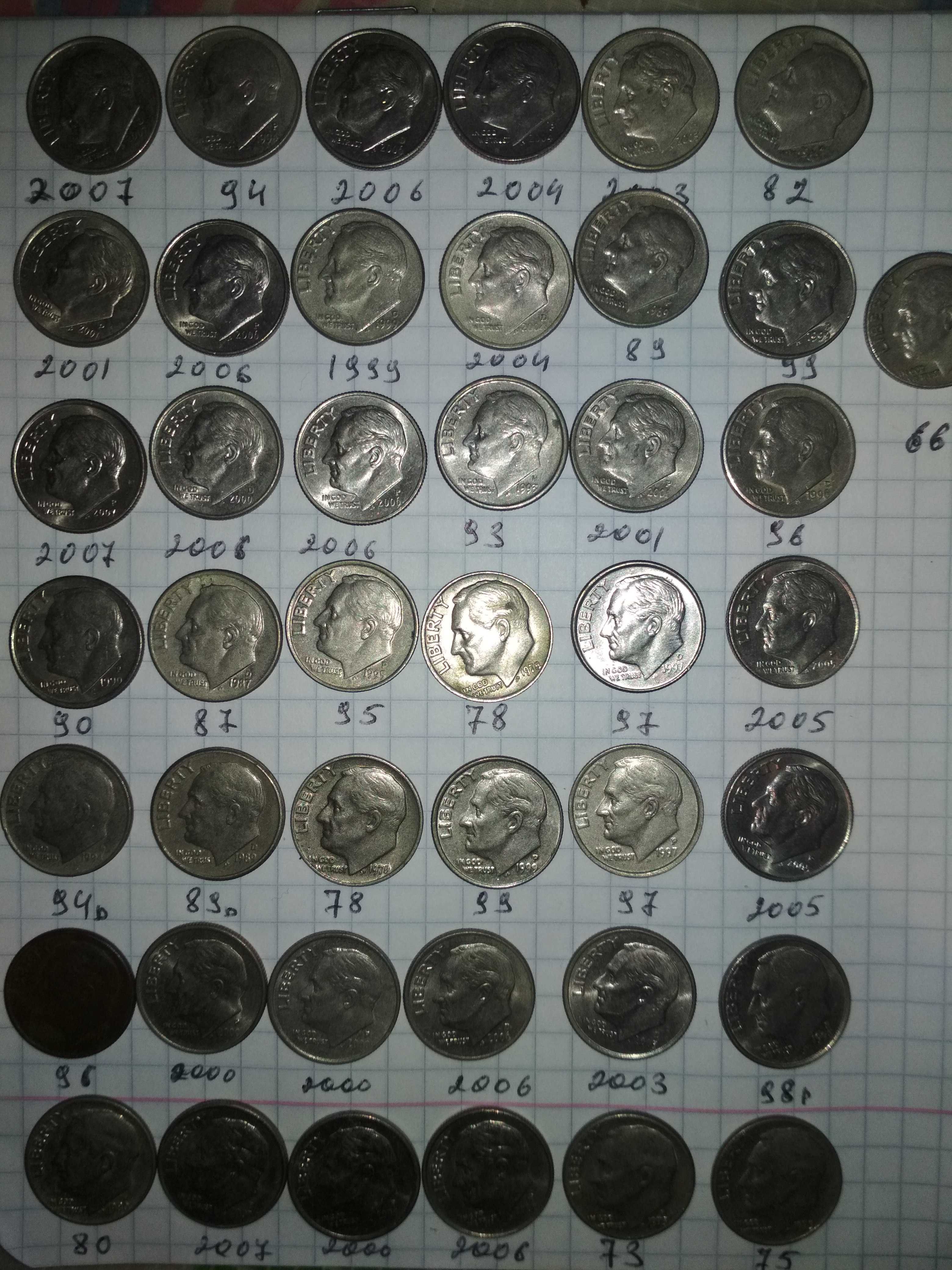 Монета One dime лотом 43 шт
