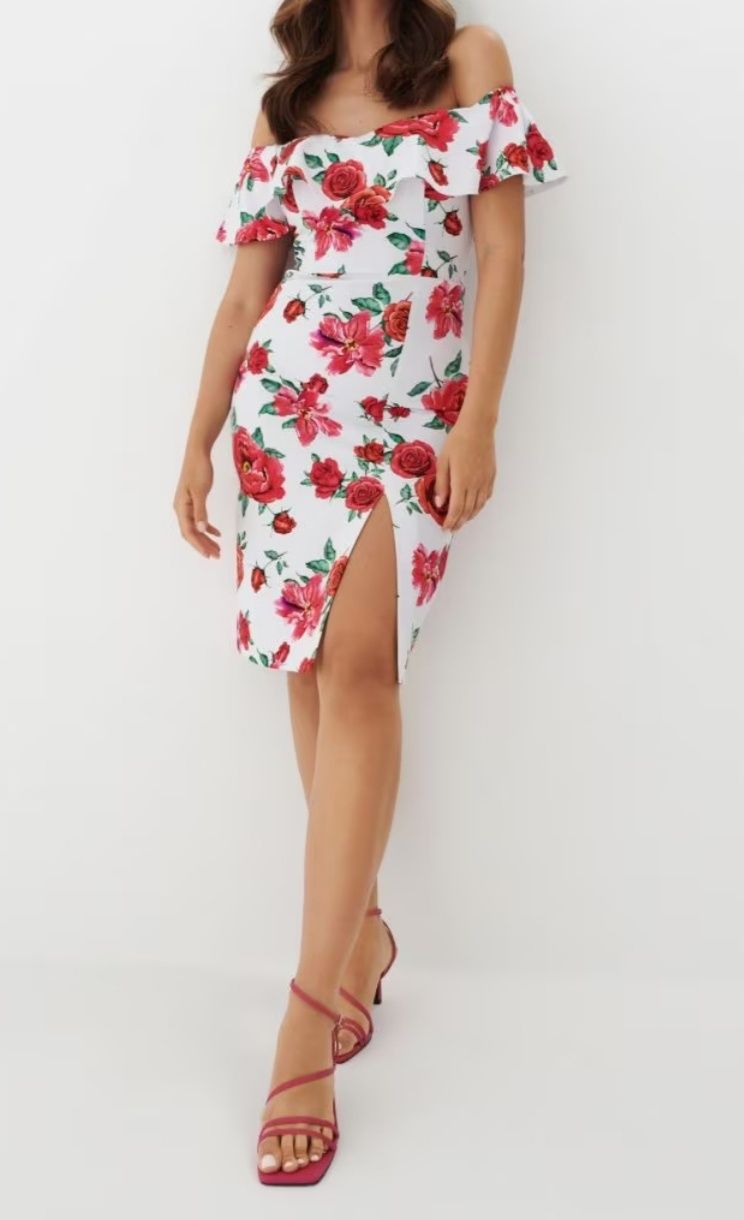 Mohito S/M 36/38 sukienka hiszpanka w kwiaty biała w czerwone róże