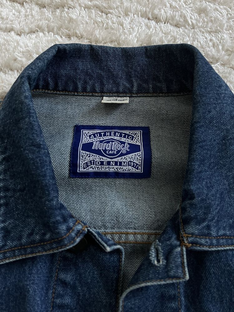 kurtka jeansowa z wyszywanym logo vintage granatowa Hard Rock Cafe