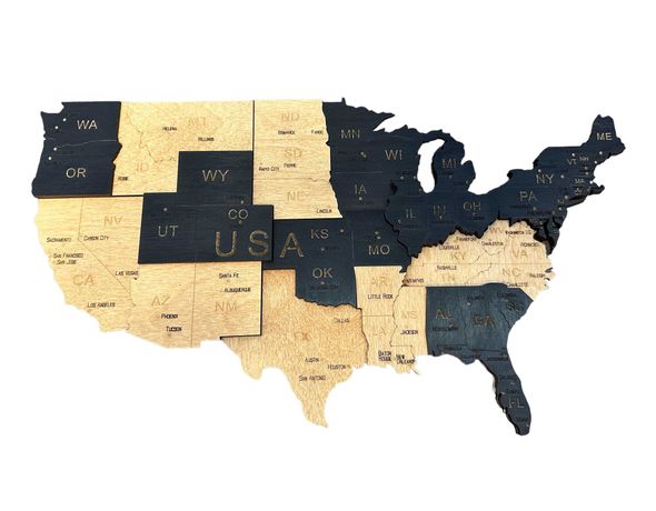 Mapa 3D drewniana USA -2kolory, 158cm Stany Zjednoczone, U.S.A.