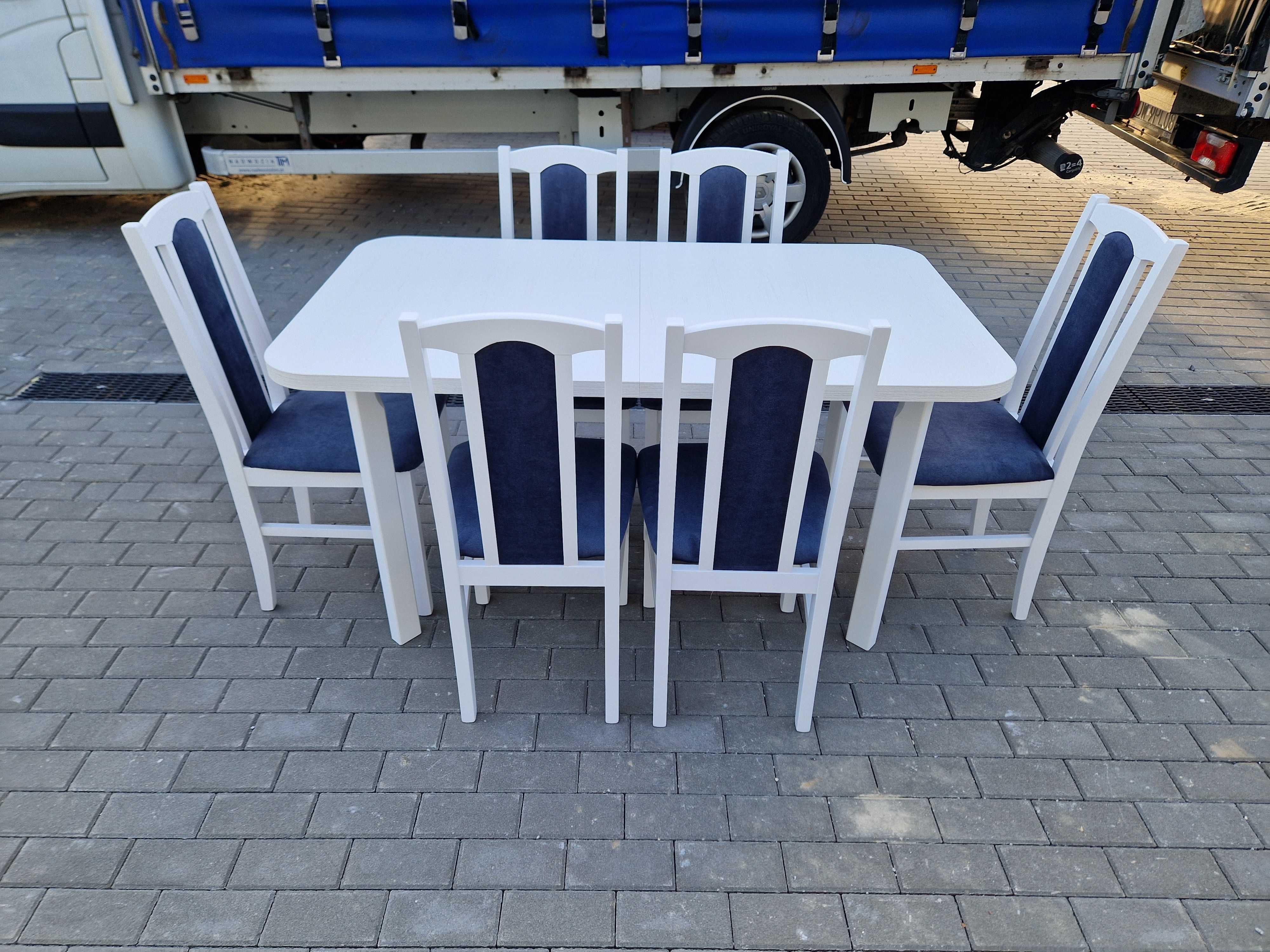 Nowe: Stół rozkładany + 6 krzeseł, biały + metaliczny granat , dostawa