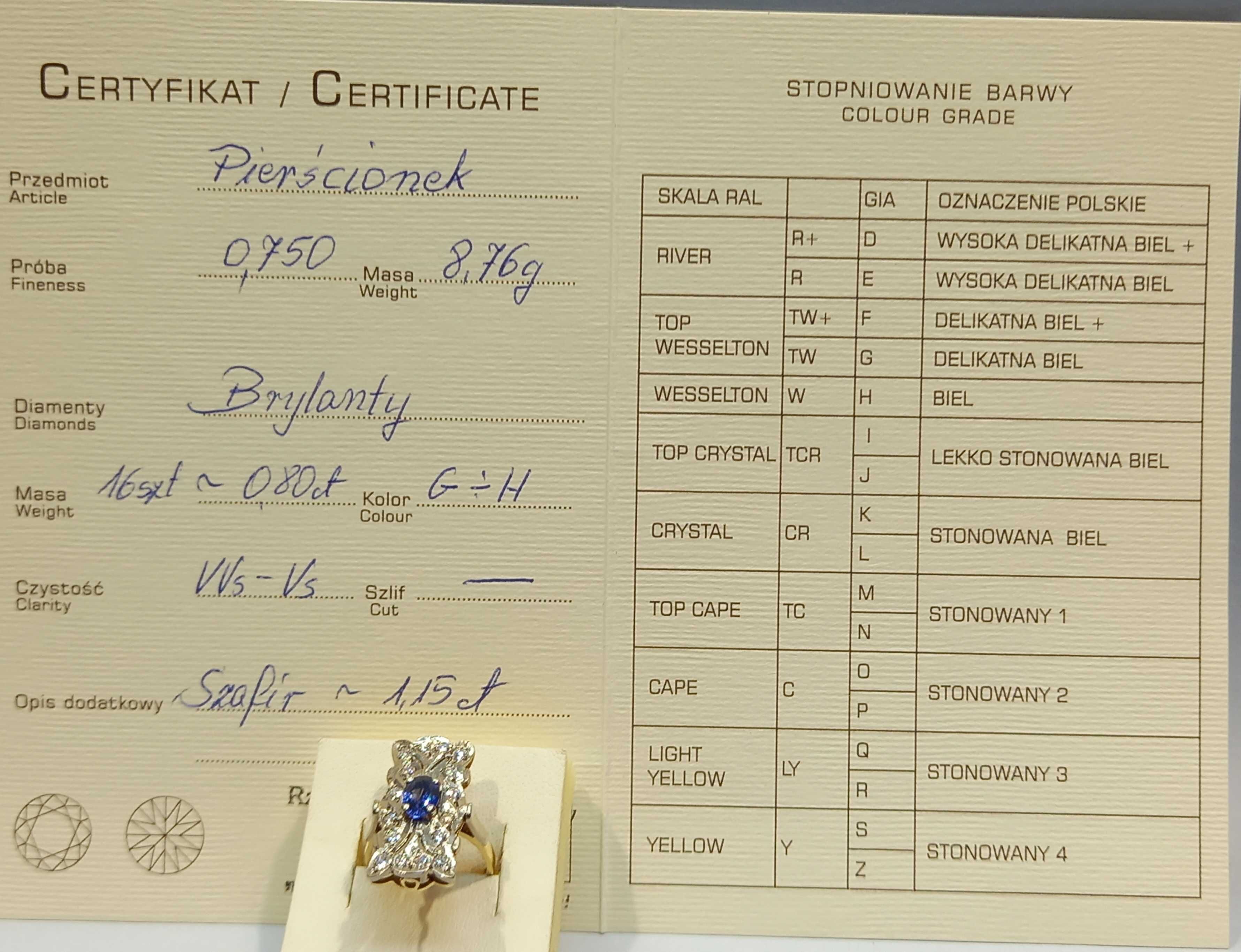 Pierścionek z szafirem i diamentami, złoto 18K, Rosja