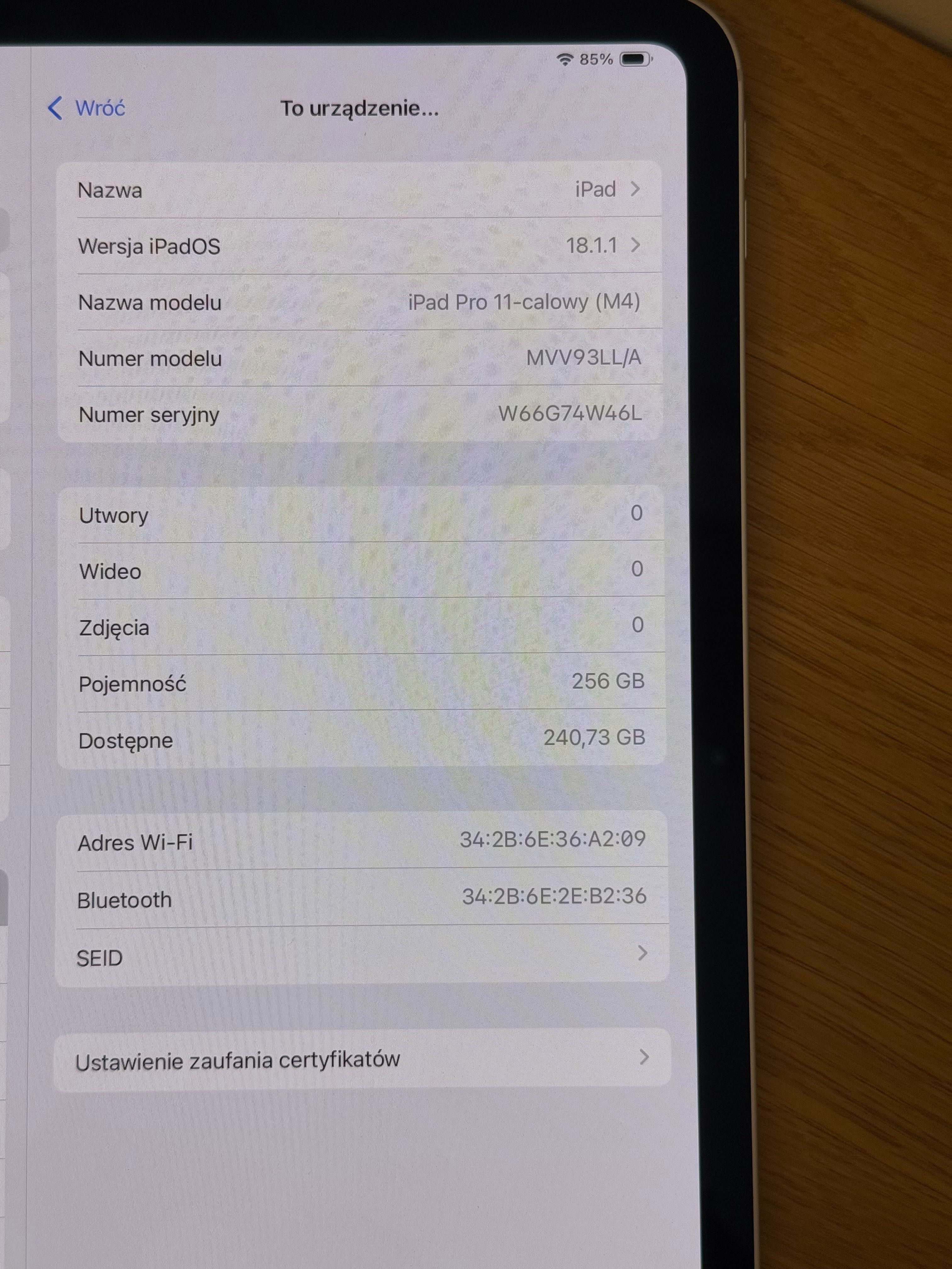 Apple iPad Pro 11” 5 Generacja M4 256GB Wi-Fi Silver