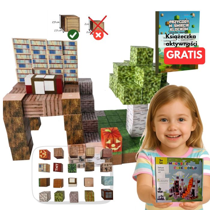 KLOCKI MAGNETYCZNE SZEŚCIANY bloki w stylu minecraft 128 el 2,5cm duże