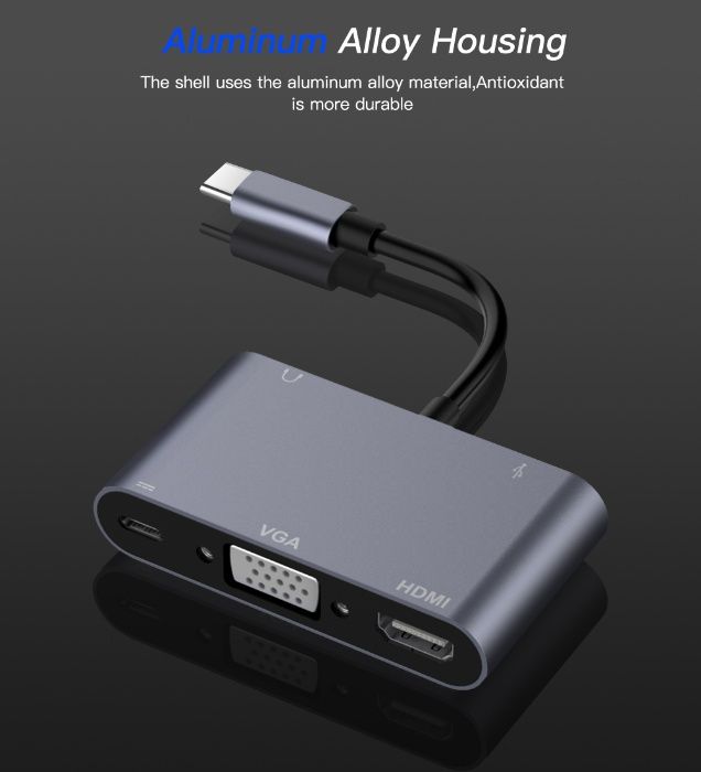 2 монитора! Адаптер 5в1 Type-C to HDMI, VGA, 3.5mm, USB 3.0, Charging