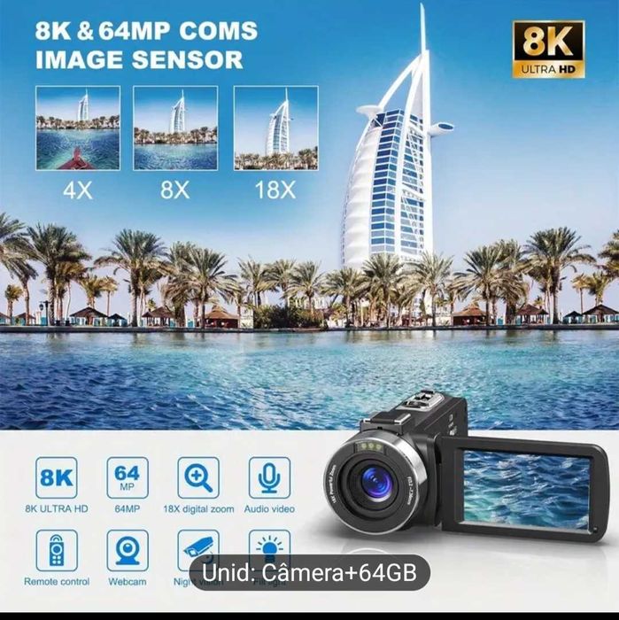 Máquina fotográfica. Filma 64 GB. 8K